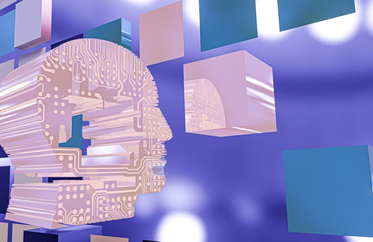 a person's head with a circuit board in the background